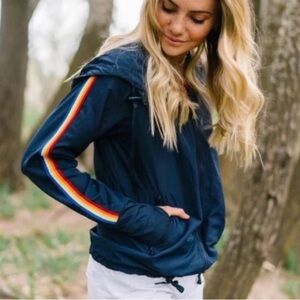 ZYIA Active Navy Blue Rainbow Stripe Hooded Bomber Jacket Windbreaker Zip M